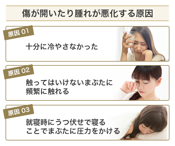 二重整形の後に傷か開いたり腫れが悪化したりしてしまう原因